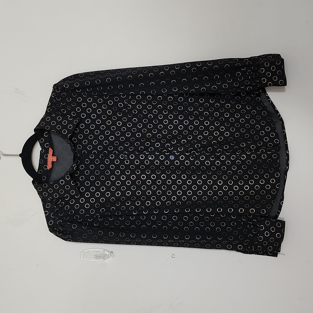 Modcloth Be Buzzworthy Black Gold Ring Print Button Down Blouse Size S